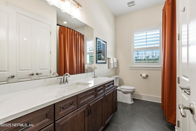 full bath with tile patterned flooring, toilet, vanity, visible vents, and baseboards