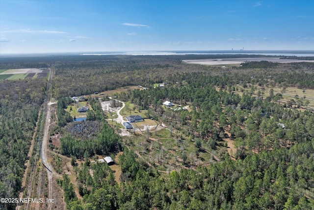 drone / aerial view with a wooded view