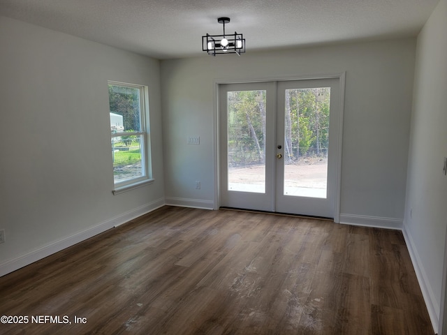 interior space with dark wood-style floors, plenty of natural light, french doors, and baseboards