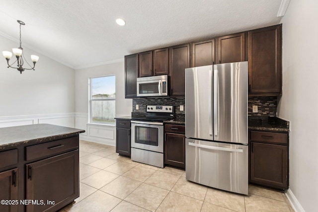 kitchen with appliances with stainless steel finishes, a wainscoted wall, decorative backsplash, and dark brown cabinets