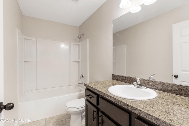 bathroom with tile patterned flooring, vanity, toilet, and shower / bathtub combination