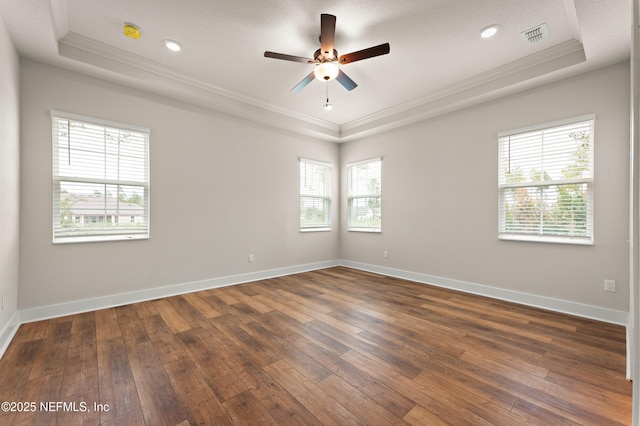 empty room featuring dark wood-style floors, ornamental molding, a raised ceiling, and a wealth of natural light