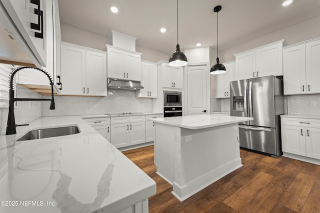 kitchen featuring white cabinets, dark wood-type flooring, under cabinet range hood, black appliances, and a sink