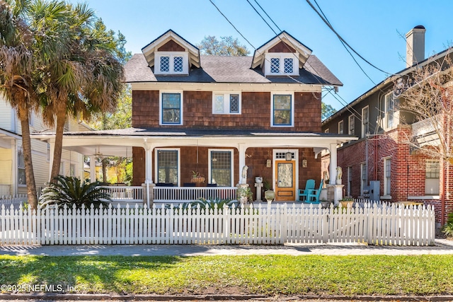 traditional style home with a fenced front yard and covered porch