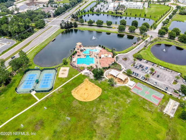 drone / aerial view featuring a water view