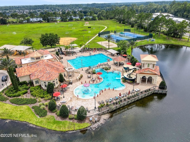 drone / aerial view with a water view