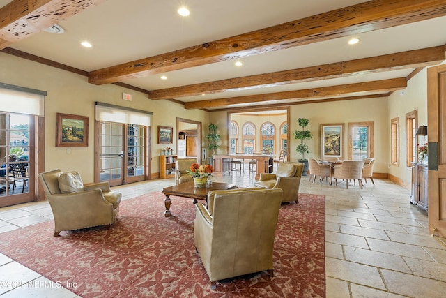 living area featuring beam ceiling, recessed lighting, french doors, and baseboards