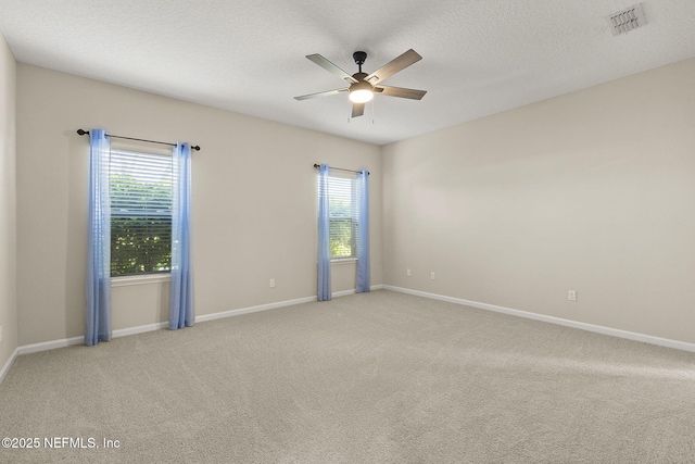 spare room featuring a textured ceiling, visible vents, a wealth of natural light, and light carpet