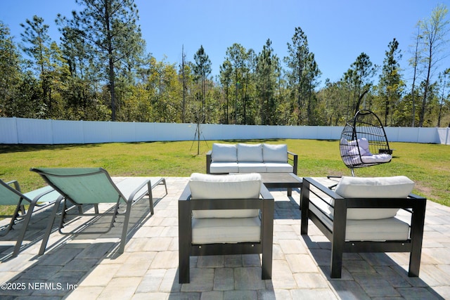 view of patio with a fenced backyard and an outdoor hangout area