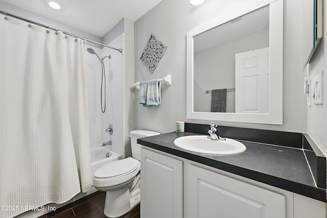 bathroom with vanity, wood finished floors, toilet, and shower / bathtub combination with curtain