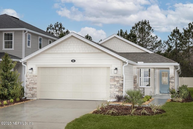 view of front of home featuring an attached garage, stone siding, a shingled roof, and concrete driveway