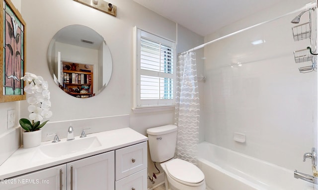 full bath with toilet, shower / bathtub combination with curtain, and vanity