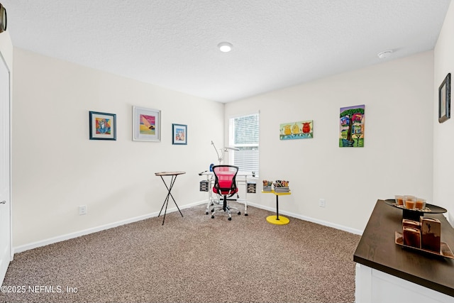 interior space featuring a textured ceiling, baseboards, and carpet flooring