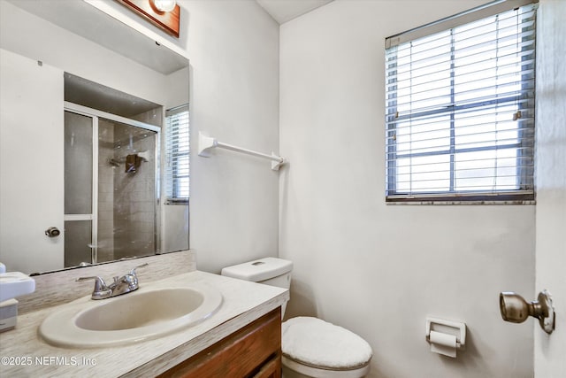 bathroom with vanity, a shower stall, toilet, and a wealth of natural light