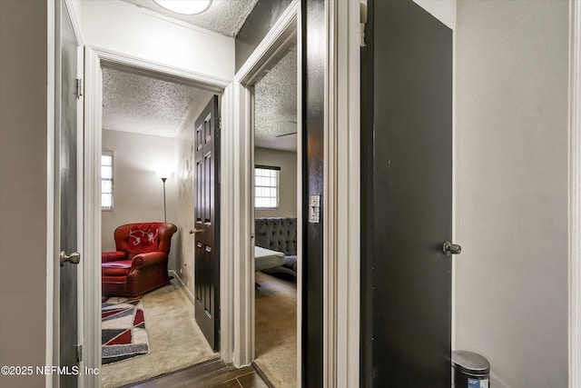 corridor featuring a textured ceiling and carpet flooring