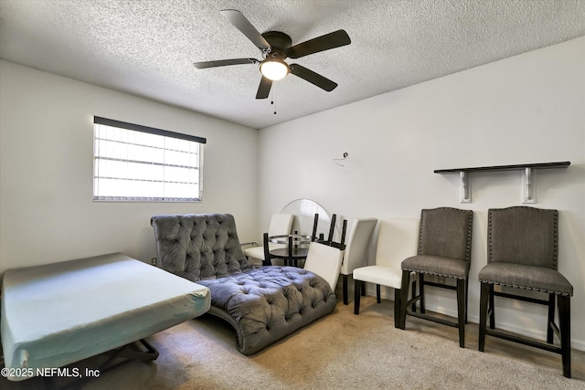 sitting room with a ceiling fan, carpet, and a textured ceiling