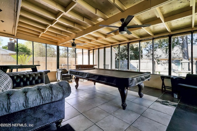 rec room with pool table and ceiling fan