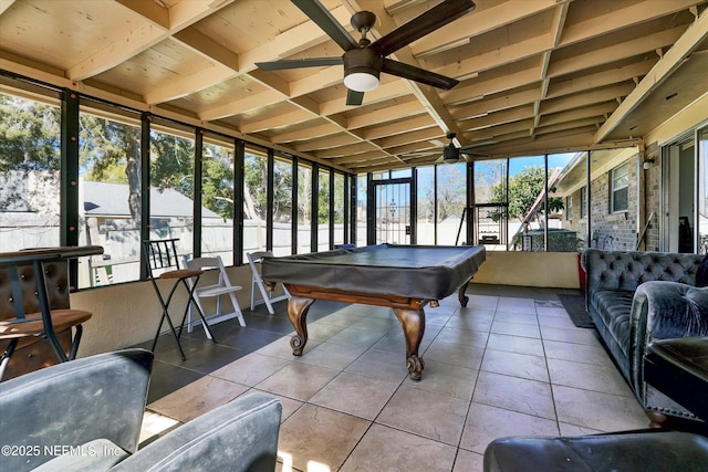 recreation room featuring tile patterned flooring, billiards, and a ceiling fan