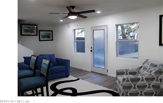 living room with ceiling fan, baseboards, wood finished floors, and recessed lighting