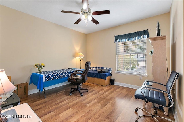 office area featuring wood finished floors, a ceiling fan, and baseboards