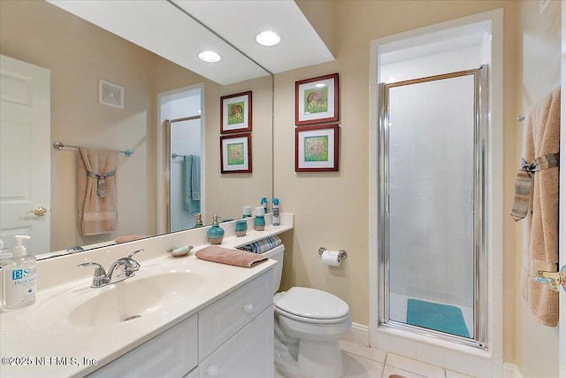 bathroom featuring a shower stall, visible vents, and tile patterned flooring