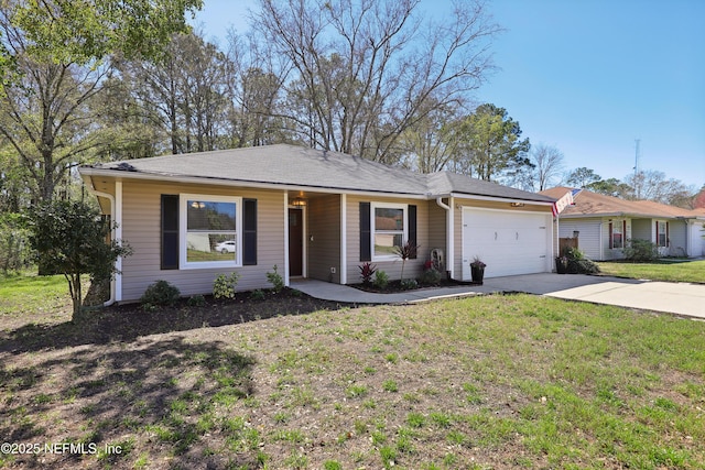 single story home with driveway, a front lawn, and a garage