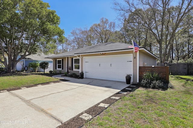 single story home with driveway, a front lawn, a garage, and fence