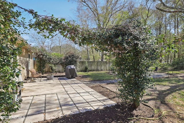 view of yard with fence and a patio area