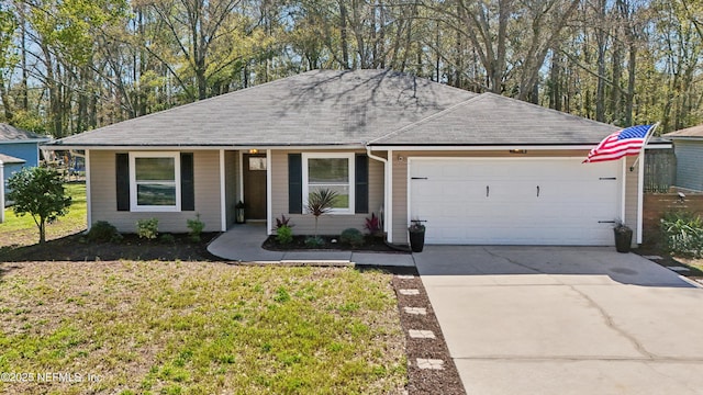 ranch-style home with a front yard, concrete driveway, an attached garage, and a shingled roof