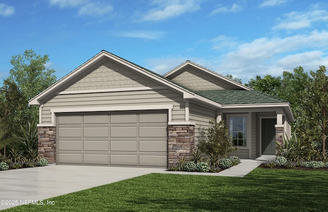 craftsman-style home featuring a garage, driveway, stone siding, roof with shingles, and a front lawn