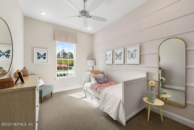 bedroom with a ceiling fan, recessed lighting, carpet, and baseboards