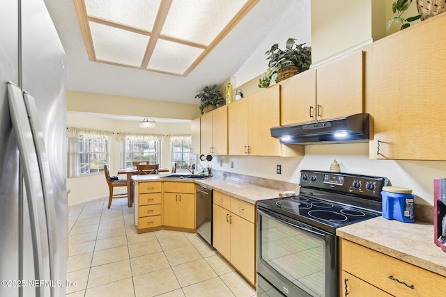 kitchen featuring light countertops, black range with electric stovetop, freestanding refrigerator, under cabinet range hood, and dishwashing machine