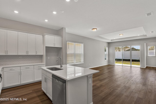4484 Sun Garden Dr, Jacksonville, FL 32257 - kitchen with visible vents, a sink, open floor plan, a raised ceiling, and stainless steel dishwasher