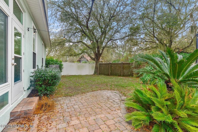 view of yard featuring a patio and a fenced backyard