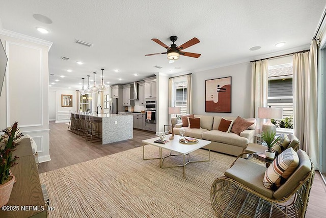 living area featuring ceiling fan, visible vents, light wood finished floors, and ornamental molding