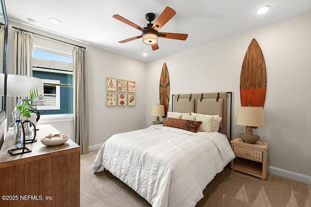 carpeted bedroom featuring recessed lighting, a ceiling fan, and baseboards