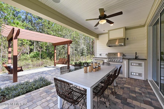 view of patio with outdoor dining area, area for grilling, an outdoor kitchen, a ceiling fan, and a sink