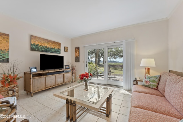 living room with light tile patterned flooring and ornamental molding