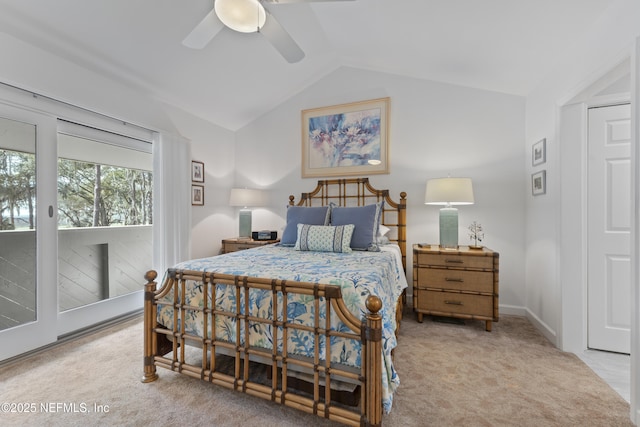 carpeted bedroom with lofted ceiling, access to outside, a ceiling fan, and baseboards