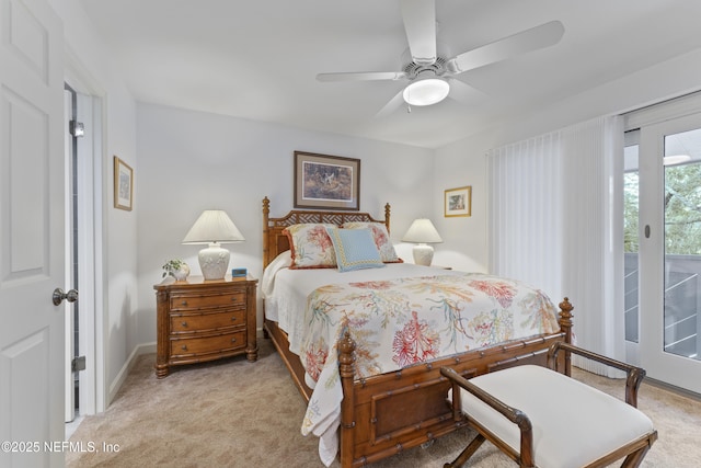 bedroom featuring carpet flooring, baseboards, ceiling fan, and access to outside