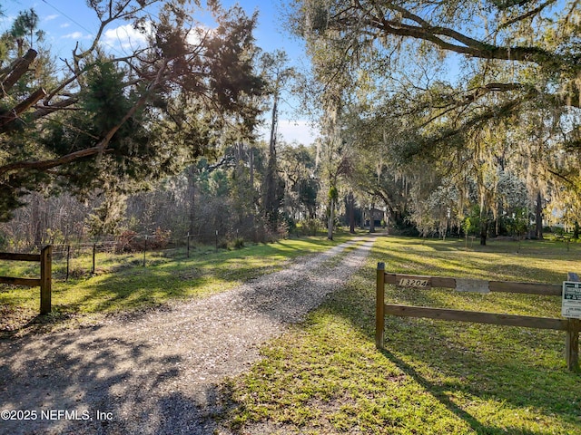 view of road with driveway and a view of trees