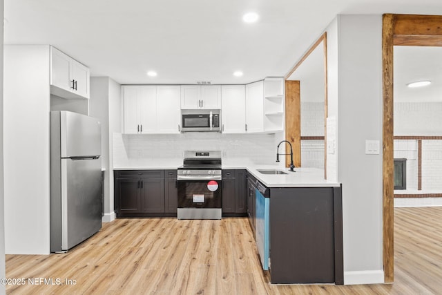 kitchen with white cabinets, appliances with stainless steel finishes, light wood-type flooring, open shelves, and a sink