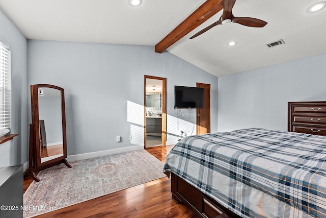 bedroom featuring baseboards, visible vents, wood finished floors, vaulted ceiling with beams, and recessed lighting