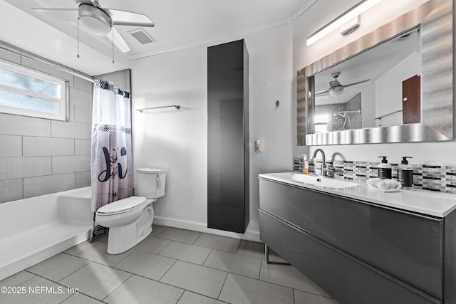 bathroom featuring toilet, ceiling fan, visible vents, and tasteful backsplash