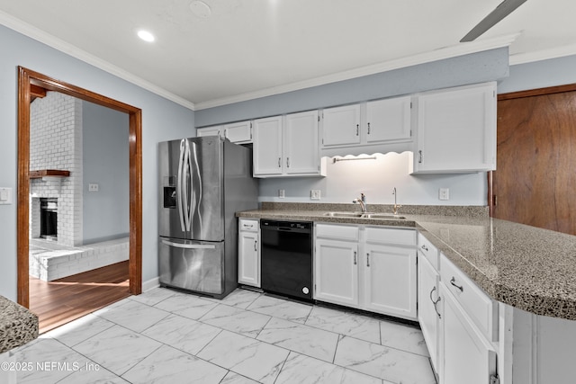 kitchen with a sink, black dishwasher, marble finish floor, stainless steel fridge, and crown molding