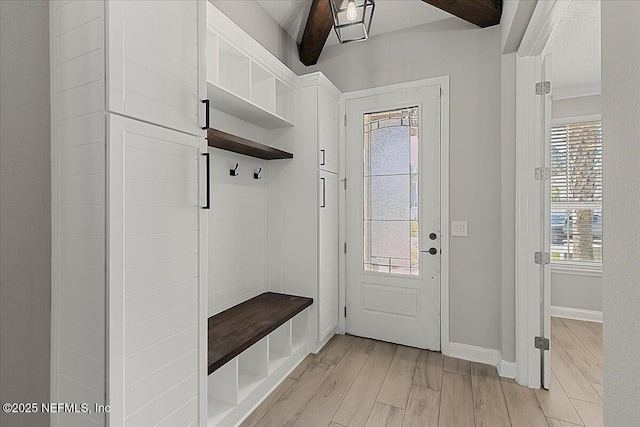 mudroom with baseboards, plenty of natural light, and light wood finished floors