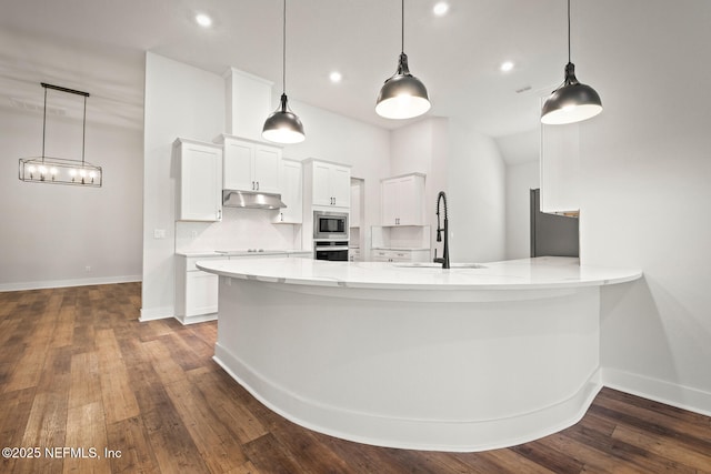 kitchen with under cabinet range hood, a sink, white cabinets, appliances with stainless steel finishes, and tasteful backsplash