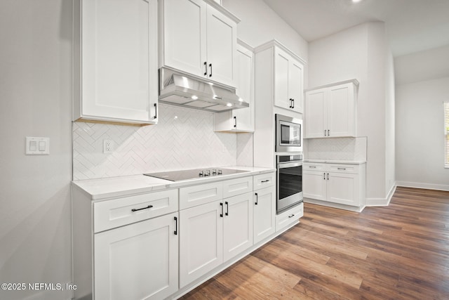 kitchen with tasteful backsplash, light wood-style flooring, stainless steel appliances, under cabinet range hood, and white cabinetry