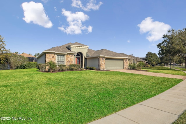 mediterranean / spanish home with an attached garage, brick siding, a shingled roof, driveway, and a front yard