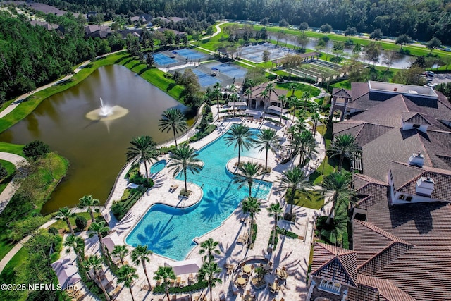 birds eye view of property featuring a water view